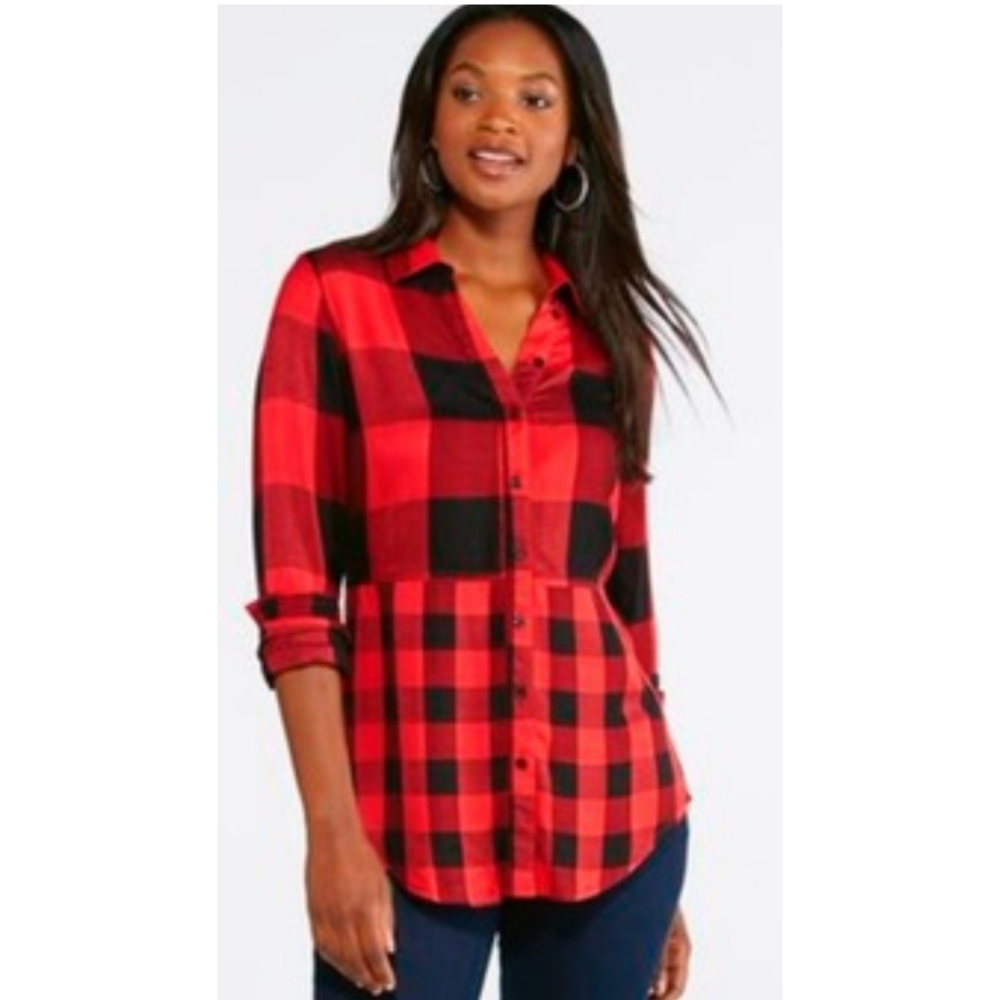 Cato Buffalo Plaid V-neck Flannel Top Red & Black Size L